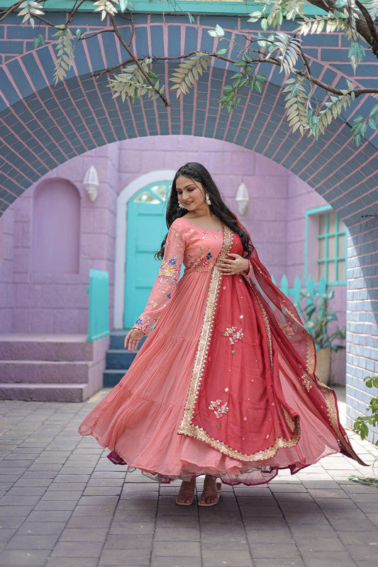 Jyoti Fashion Women's Peach Faux Georgette Thread Embroidery Anarkali Dress with Dupatta | Grocsy