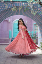 Jyoti Fashion Women's Peach Faux Georgette Thread Embroidery Anarkali Dress with Dupatta | Grocsy