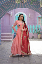 Jyoti Fashion Women's Peach Faux Georgette Thread Embroidery Anarkali Dress with Dupatta | Grocsy