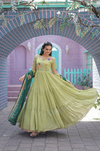 Jyoti Fashion Women's Pista Faux Georgette Thread Embroidery Anarkali Dress with Dupatta | Grocsy