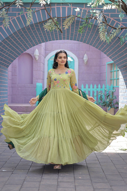 Jyoti Fashion Women's Pista Faux Georgette Thread Embroidery Anarkali Dress with Dupatta | Grocsy