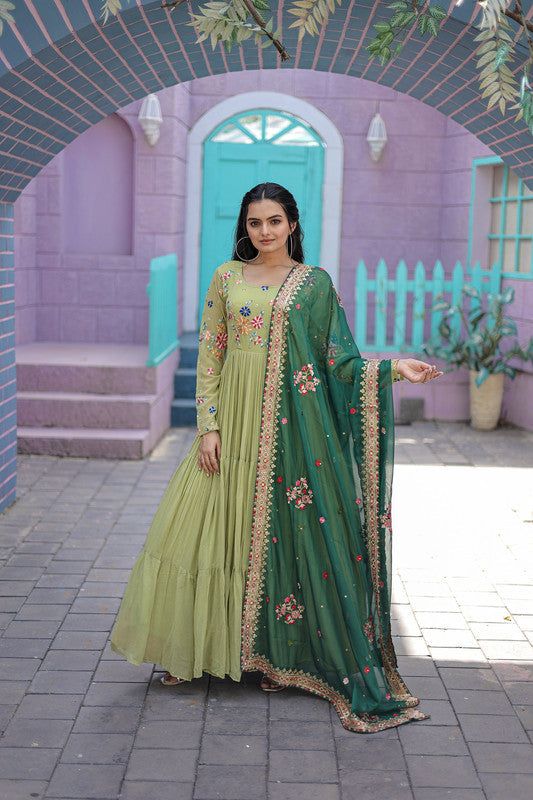 Jyoti Fashion Women's Pista Faux Georgette Thread Embroidery Anarkali Dress with Dupatta | Grocsy