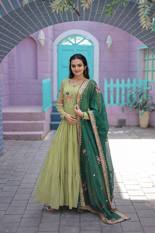 Jyoti Fashion Women's Pista Faux Georgette Thread Embroidery Anarkali Dress with Dupatta | Grocsy