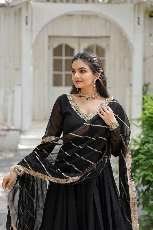 Jyoti Fashion Women's Black Faux Blooming Sequins Embroidery Anarkali Dress with Dupatta | Grocsy