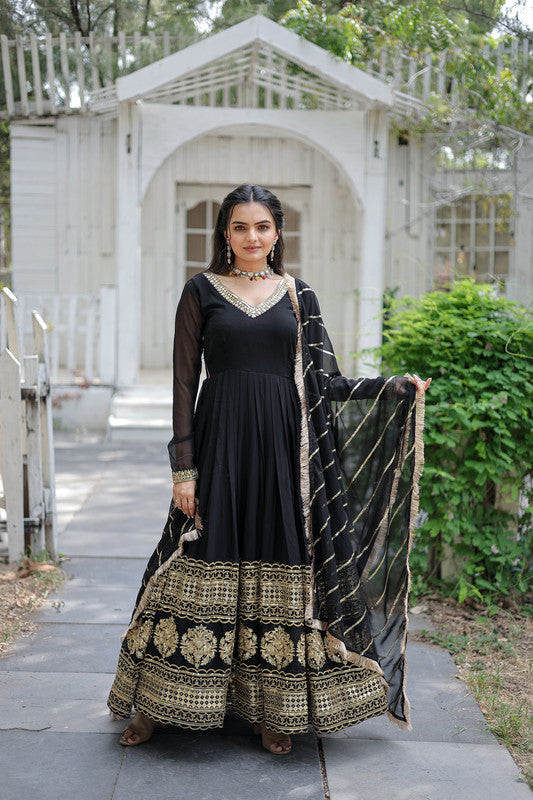 Jyoti Fashion Women's Black Faux Blooming Sequins Embroidery Anarkali Dress with Dupatta | Grocsy