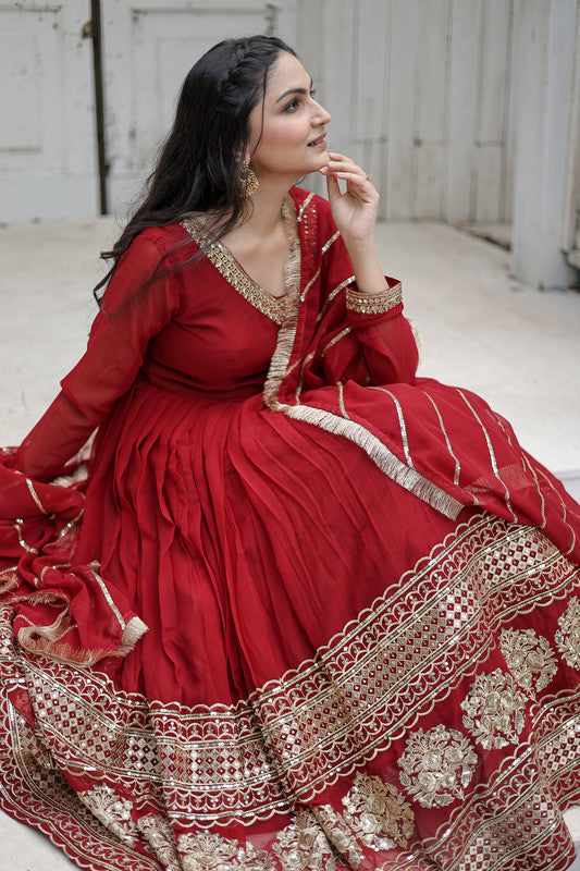 Jyoti Fashion Women's Maroon Faux Blooming Sequins Embroidery Anarkali Dress with Dupatta | Grocsy