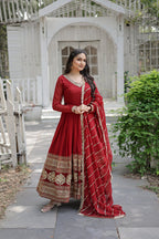 Jyoti Fashion Women's Maroon Faux Blooming Sequins Embroidery Anarkali Dress with Dupatta | Grocsy