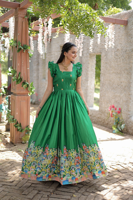 Jyoti Fashion Women's Green Dola Silk Printed Festive Designer Anarkali Dress | Grocsy