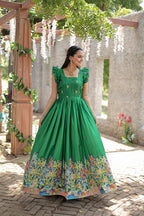 Jyoti Fashion Women's Green Dola Silk Printed Festive Designer Anarkali Dress | Grocsy