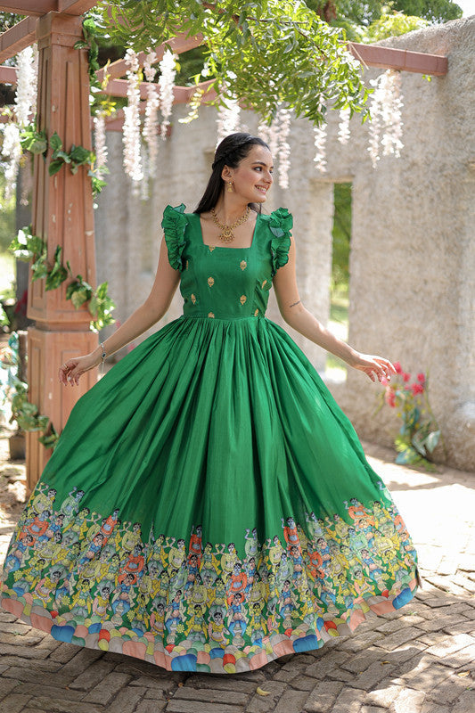 Jyoti Fashion Women's Green Dola Silk Printed Festive Designer Anarkali Dress | Grocsy