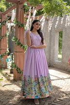 Jyoti Fashion Women's Purple Dola Silk Printed Festive Designer Anarkali Dress | Grocsy