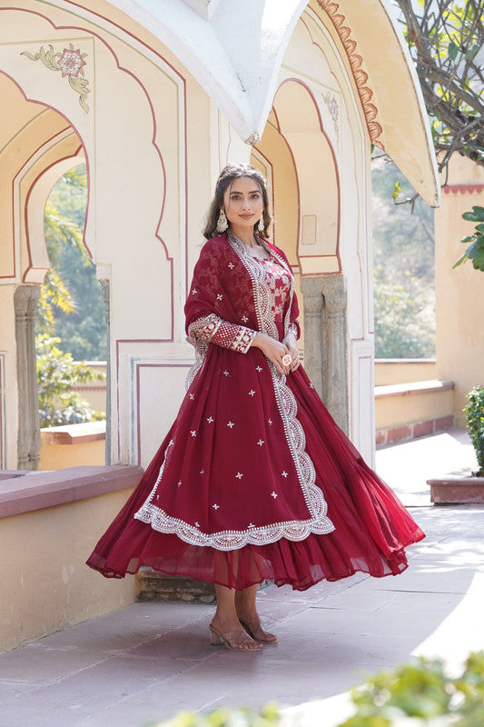 Jyoti Fashion Women's Maroon Faux Blooming Jacquard with Sequins Embroidered Anarkali Dress with Dupatta | Grocsy
