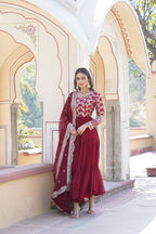 Jyoti Fashion Women's Maroon Faux Blooming Jacquard with Sequins Embroidered Anarkali Dress with Dupatta | Grocsy