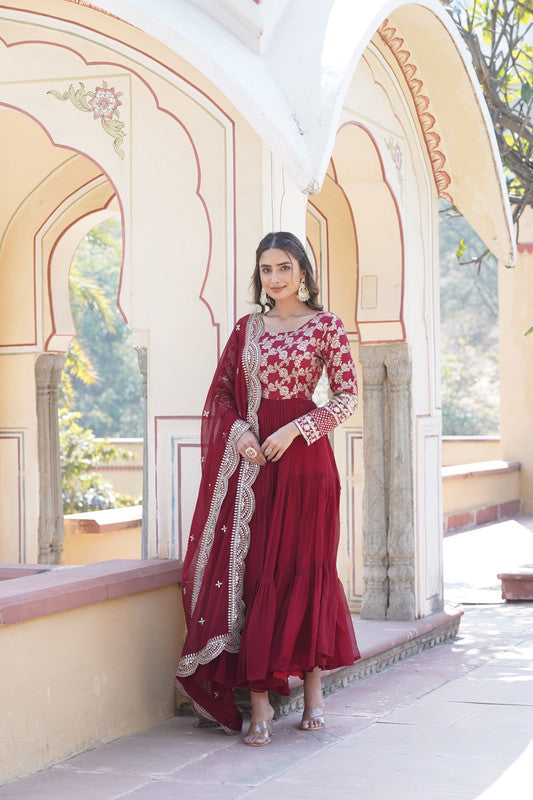 Jyoti Fashion Women's Maroon Faux Blooming Jacquard with Sequins Embroidered Anarkali Dress with Dupatta | Grocsy