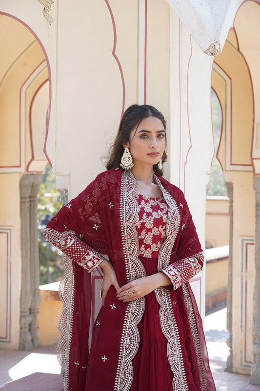Jyoti Fashion Women's Maroon Faux Blooming Jacquard with Sequins Embroidered Anarkali Dress with Dupatta | Grocsy
