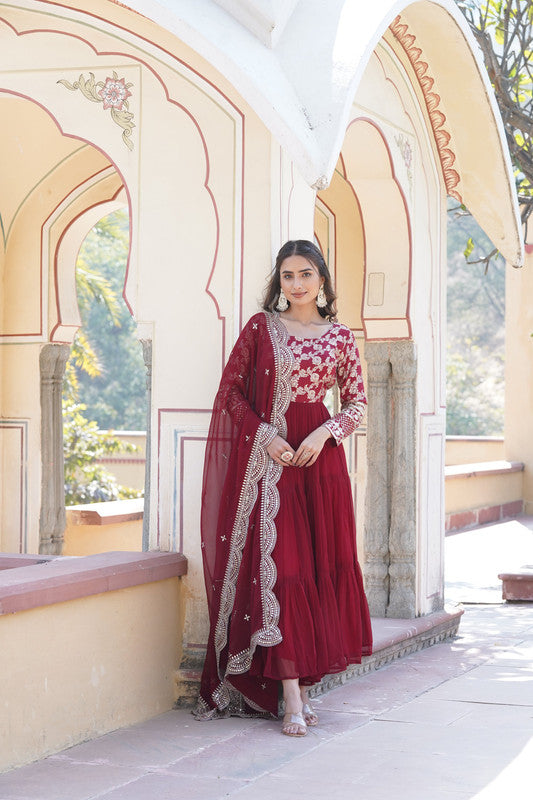 Jyoti Fashion Women's Maroon Faux Blooming Jacquard with Sequins Embroidered Anarkali Dress with Dupatta | Grocsy