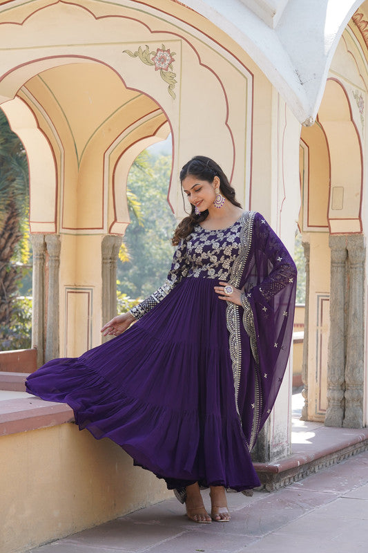 Jyoti Fashion Women's Purple Faux Blooming Jacquard with Sequins Embroidered Anarkali Dress with Dupatta | Grocsy