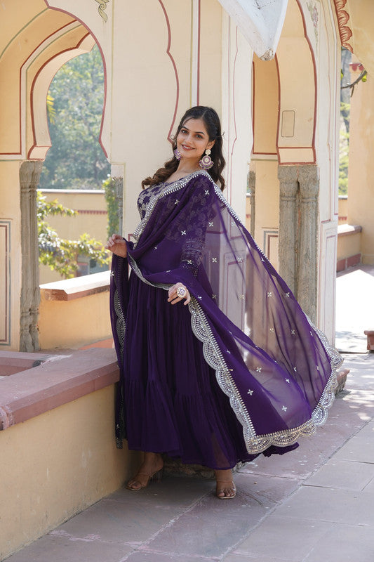Jyoti Fashion Women's Purple Faux Blooming Jacquard with Sequins Embroidered Anarkali Dress with Dupatta | Grocsy