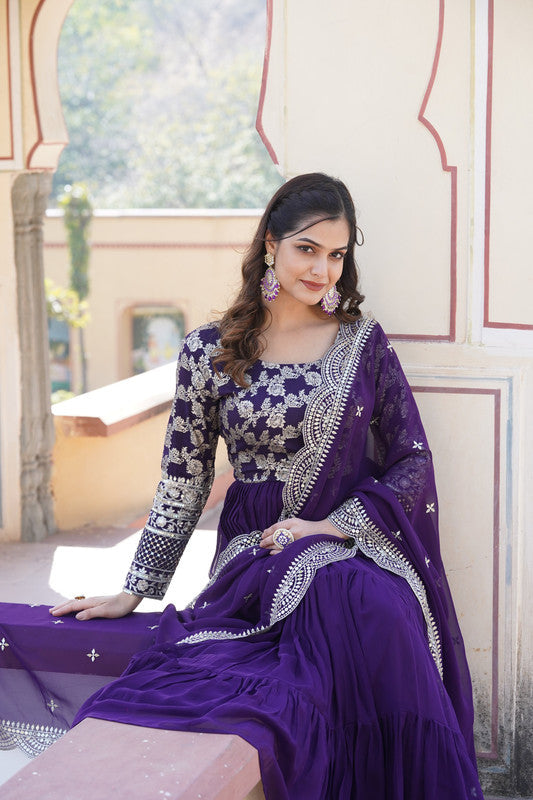 Jyoti Fashion Women's Purple Faux Blooming Jacquard with Sequins Embroidered Anarkali Dress with Dupatta | Grocsy