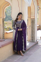 Jyoti Fashion Women's Purple Faux Blooming Jacquard with Sequins Embroidered Anarkali Dress with Dupatta | Grocsy