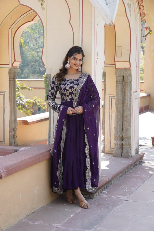 Jyoti Fashion Women's Purple Faux Blooming Jacquard with Sequins Embroidered Anarkali Dress with Dupatta | Grocsy