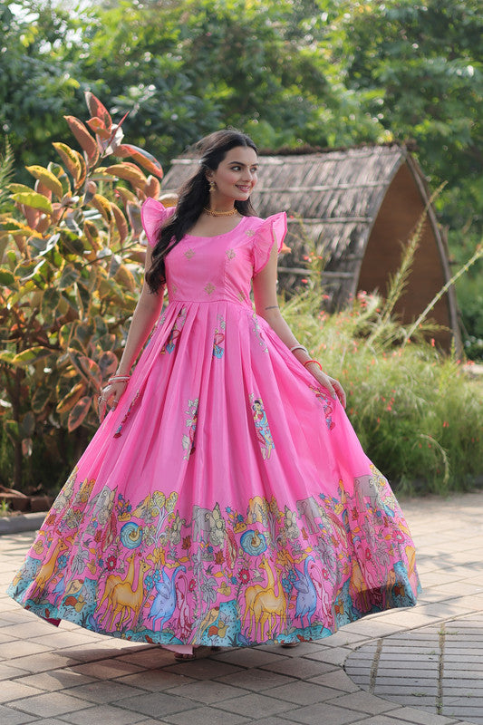 Jyoti Fashion Women's Pink Dola Silk Printed Festive Designer Anarkali Dress | Grocsy