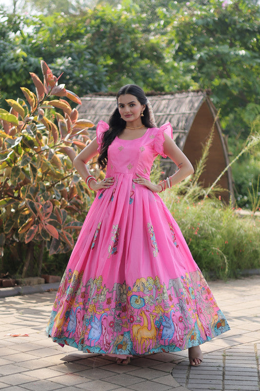 Jyoti Fashion Women's Pink Dola Silk Printed Festive Designer Anarkali Dress | Grocsy