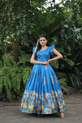 Jyoti Fashion Women's Sky Blue Dola Silk Printed Festive Designer Anarkali Dress | Grocsy