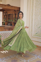 Jyoti Fashion Women's Green Faux Georgette Embroidered Partywear Anarkali Dress with Dupatta | Grocsy