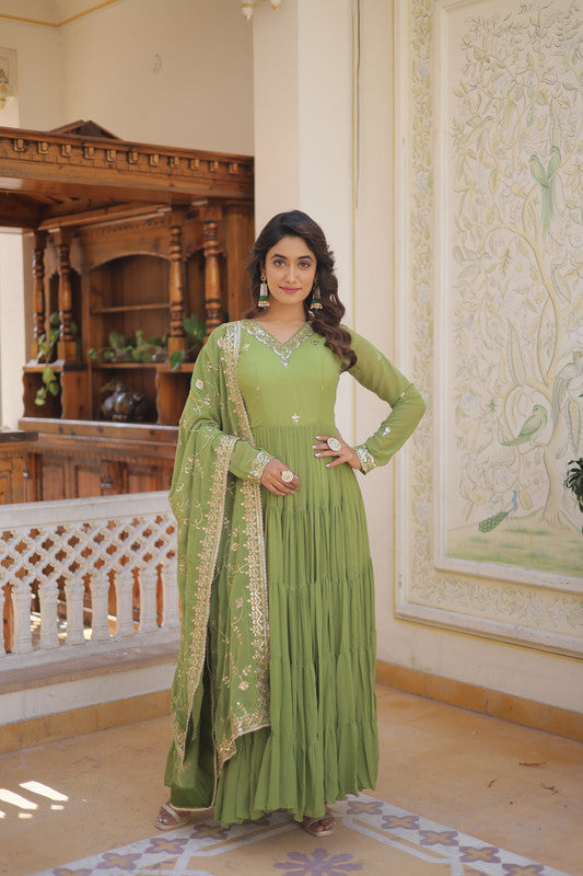Jyoti Fashion Women's Green Faux Georgette Embroidered Partywear Anarkali Dress with Dupatta | Grocsy