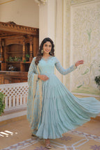 Jyoti Fashion Women's Sky Blue Faux Georgette Embroidered Partywear Anarkali Dress with Dupatta | Grocsy