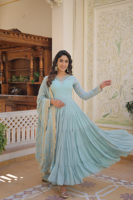 Jyoti Fashion Women's Sky Blue Faux Georgette Embroidered Partywear Anarkali Dress with Dupatta | Grocsy