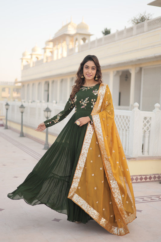 Jyoti Fashion Women's Green Faux Georgette Sequins Embroidered Partywear Anarkali Dress with Dupatta | Grocsy
