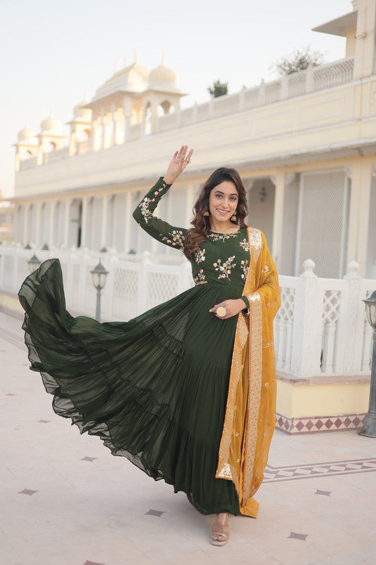 Jyoti Fashion Women's Green Faux Georgette Sequins Embroidered Partywear Anarkali Dress with Dupatta | Grocsy