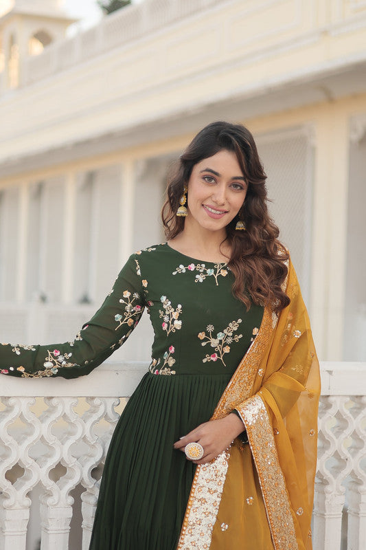 Jyoti Fashion Women's Green Faux Georgette Sequins Embroidered Partywear Anarkali Dress with Dupatta | Grocsy