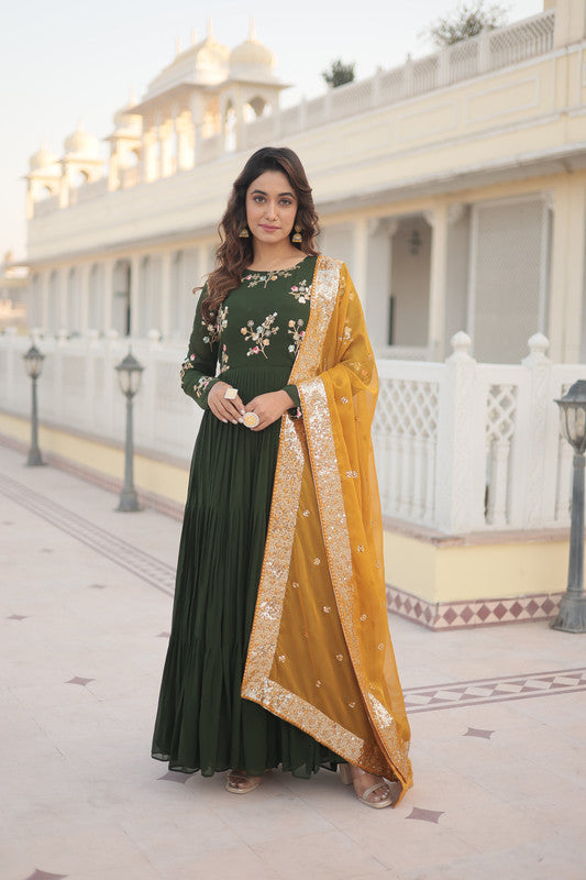 Jyoti Fashion Women's Green Faux Georgette Sequins Embroidered Partywear Anarkali Dress with Dupatta | Grocsy
