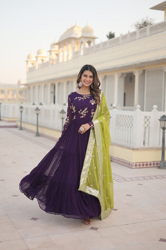 Jyoti Fashion Women's Wine Faux Georgette Sequins Embroidered Partywear Anarkali Dress with Dupatta | Grocsy