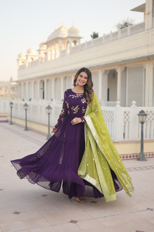 Jyoti Fashion Women's Wine Faux Georgette Sequins Embroidered Partywear Anarkali Dress with Dupatta | Grocsy