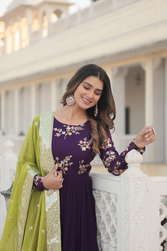Jyoti Fashion Women's Wine Faux Georgette Sequins Embroidered Partywear Anarkali Dress with Dupatta | Grocsy
