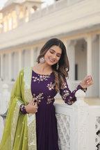 Jyoti Fashion Women's Wine Faux Georgette Sequins Embroidered Partywear Anarkali Dress with Dupatta | Grocsy