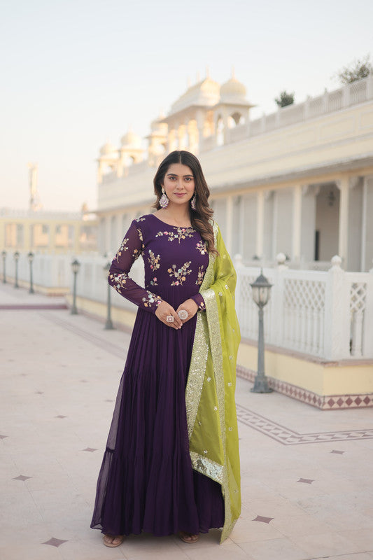 Jyoti Fashion Women's Wine Faux Georgette Sequins Embroidered Partywear Anarkali Dress with Dupatta | Grocsy