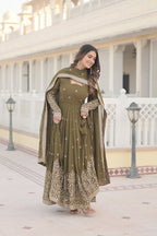 Jyoti Fashion Women's Mehendi Faux Georgette Sequins Embroidered Partywear Anarkali Dress with Dupatta | Grocsy