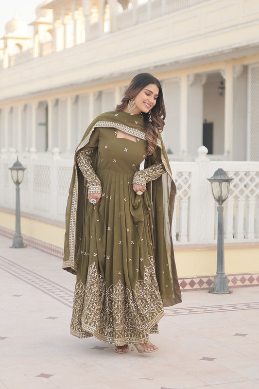 Jyoti Fashion Women's Mehendi Faux Georgette Sequins Embroidered Partywear Anarkali Dress with Dupatta | Grocsy