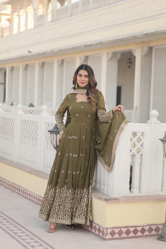 Jyoti Fashion Women's Mehendi Faux Georgette Sequins Embroidered Partywear Anarkali Dress with Dupatta | Grocsy