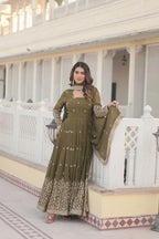 Jyoti Fashion Women's Mehendi Faux Georgette Sequins Embroidered Partywear Anarkali Dress with Dupatta | Grocsy