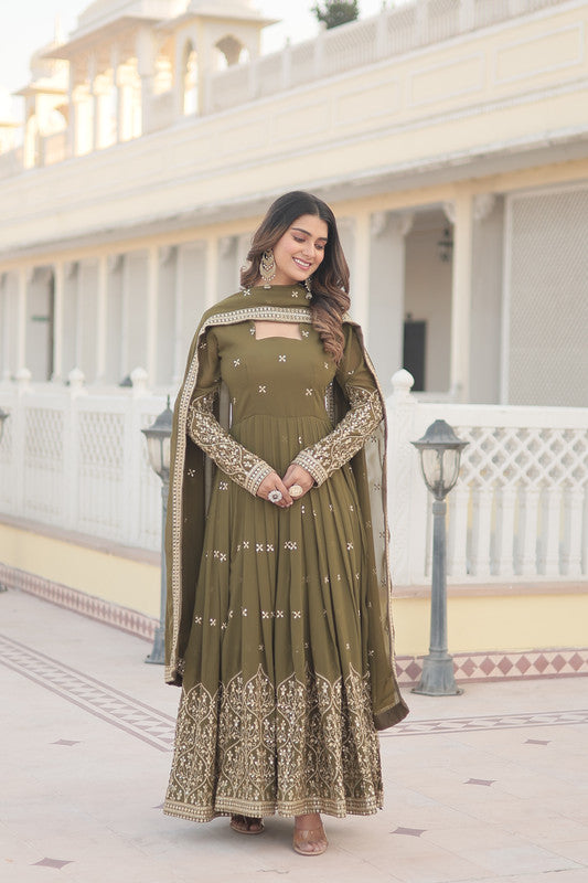 Jyoti Fashion Women's Mehendi Faux Georgette Sequins Embroidered Partywear Anarkali Dress with Dupatta | Grocsy