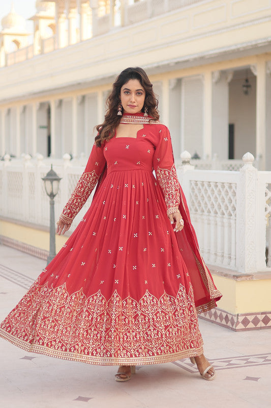 Jyoti Fashion Women's Gajri Faux Georgette Sequins Embroidered Partywear Anarkali Dress with Dupatta | Grocsy