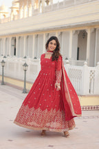 Jyoti Fashion Women's Gajri Faux Georgette Sequins Embroidered Partywear Anarkali Dress with Dupatta | Grocsy