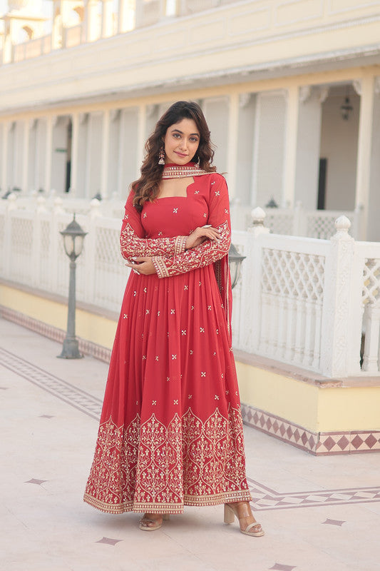 Jyoti Fashion Women's Gajri Faux Georgette Sequins Embroidered Partywear Anarkali Dress with Dupatta | Grocsy