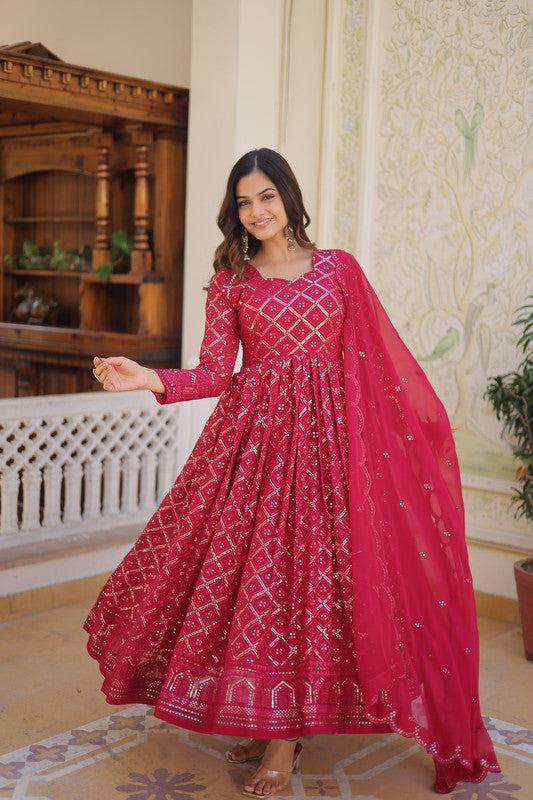 Jyoti Fashion Women's Rani Pink Faux Blooming Sequins Embroidered Partywear Anarkali Dress with Dupatta | Grocsy